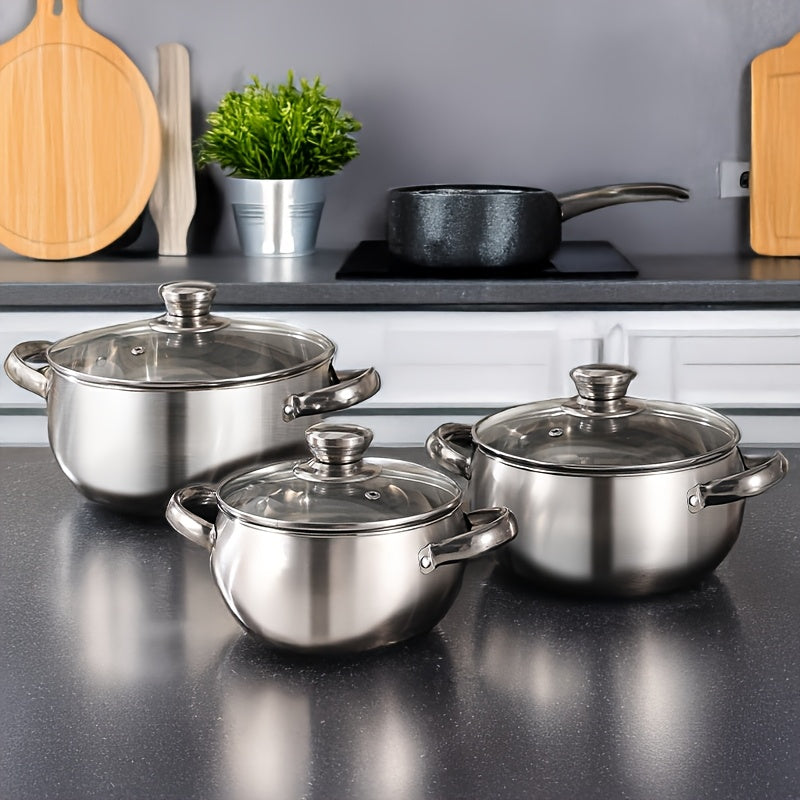 7-Piece Stainless Steel Cookware Set with Glass Lids for Soup and Stew