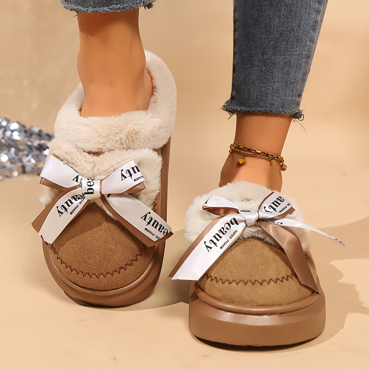 Women’s Plush Winter Slippers with Bowknot Non-Slip Sole for Indoor Outdoor