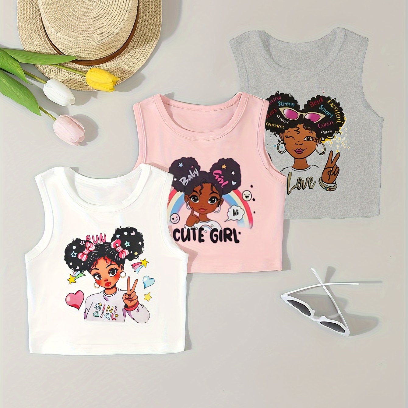 Girls' Summer Knit Vest 3-Pack Heart Pattern Casual Outfits for Ages 3+