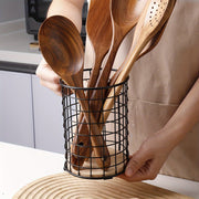 Kitchen Utensil Holder with Wooden Base for Countertop Storage and Drainage