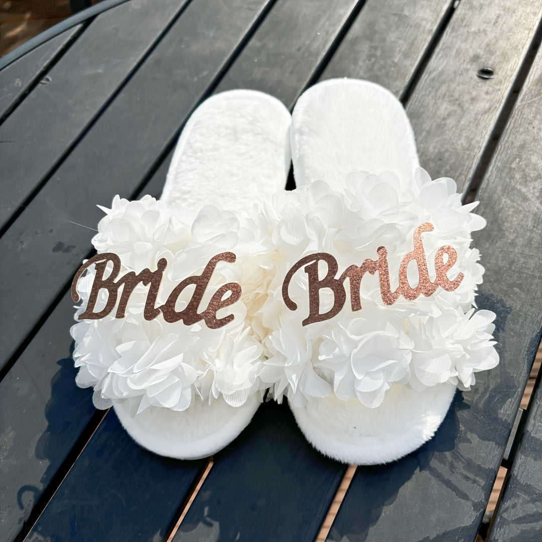 Women's Fuzzy Open Toe Bridal Slippers White Wedding Footwear