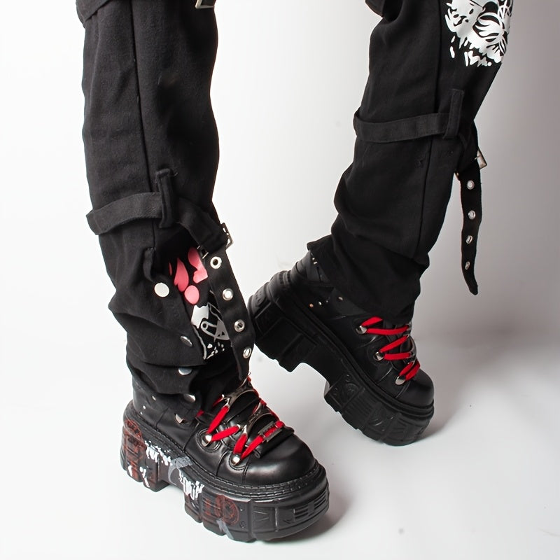 Women's Punk Y2K Gothic Ankle Boots Black Red Lace-Up Platform Toe