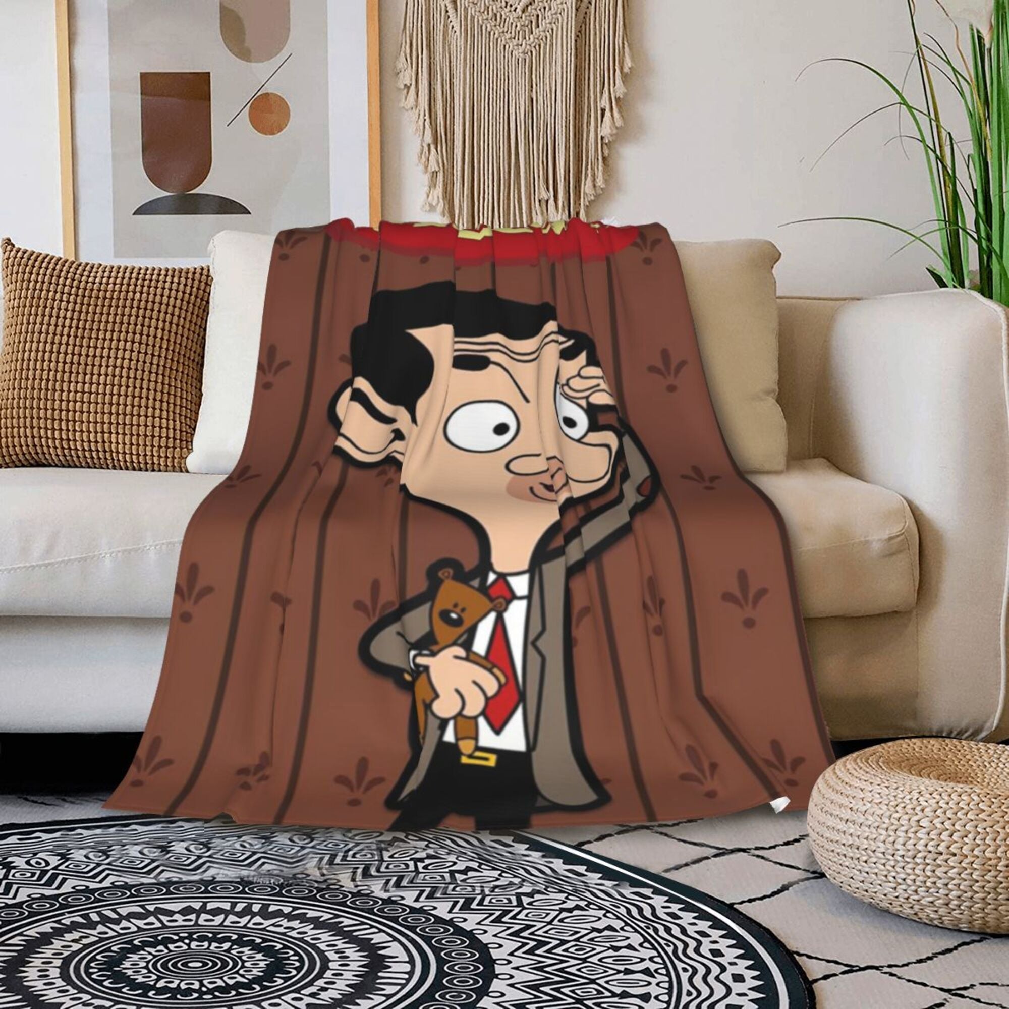 Soft Polyester Cartoon Mr Bean Flannel Nap Blanket for Office Naps and Relaxation