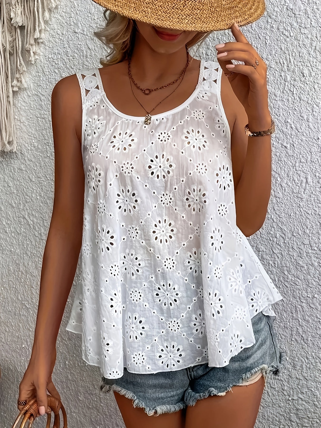 Топ без рукавов с кружевной отделкой и цветочным принтом для женщин plus size, летняя повседневная блузка