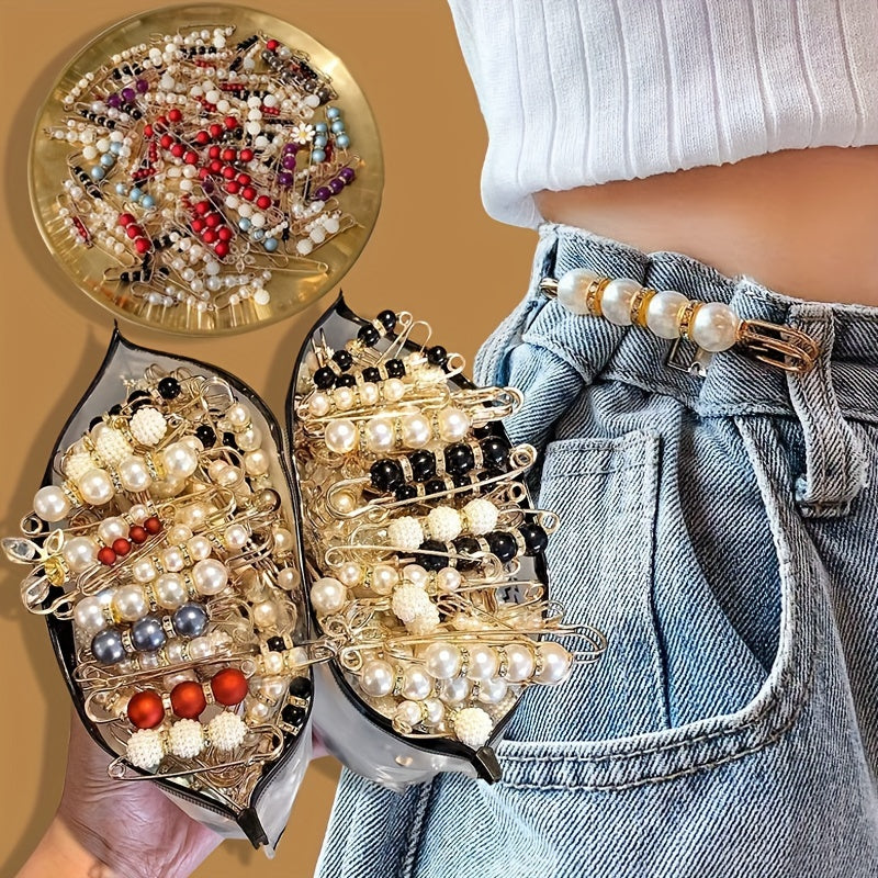 Set of 20 Artificial Pearl Brooches for Women with Sweater Clips, Waist Extenders, Safety Pins, Dress Decorations