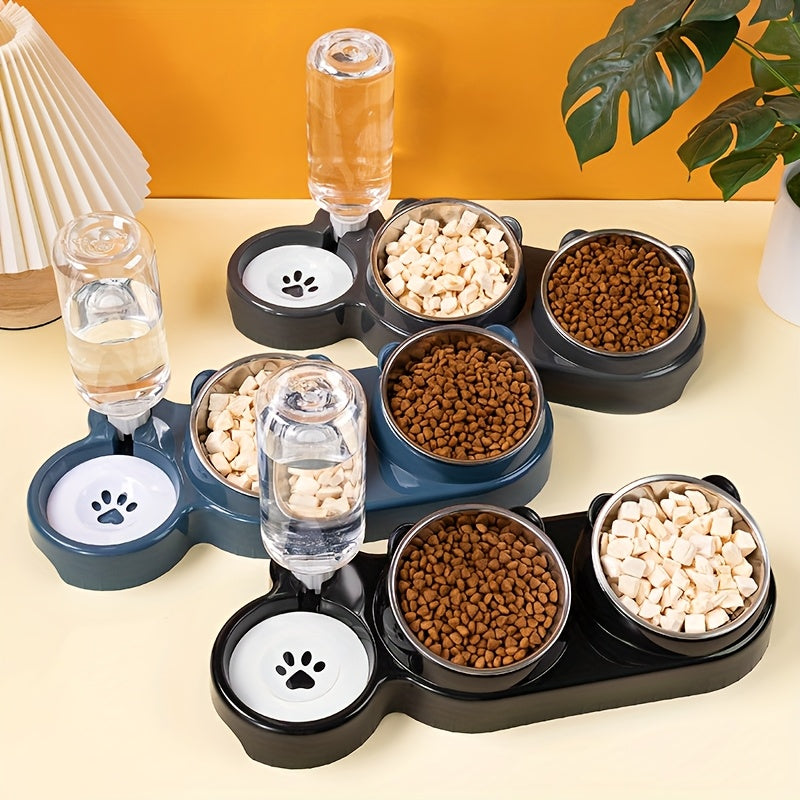 Dual Bowl Pet Feeder and Water Dispenser Stainless Steel Plastic for Cats and Dogs