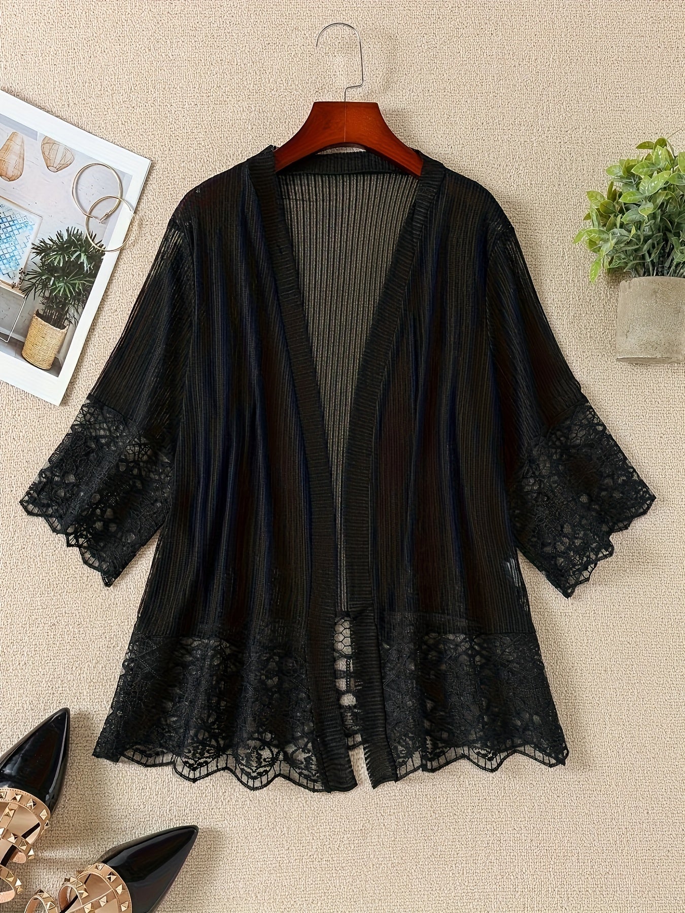 Plus Size Lace Mesh Kimono Cardigan Solid Color Short Open Front Cover-Up Machine Washable