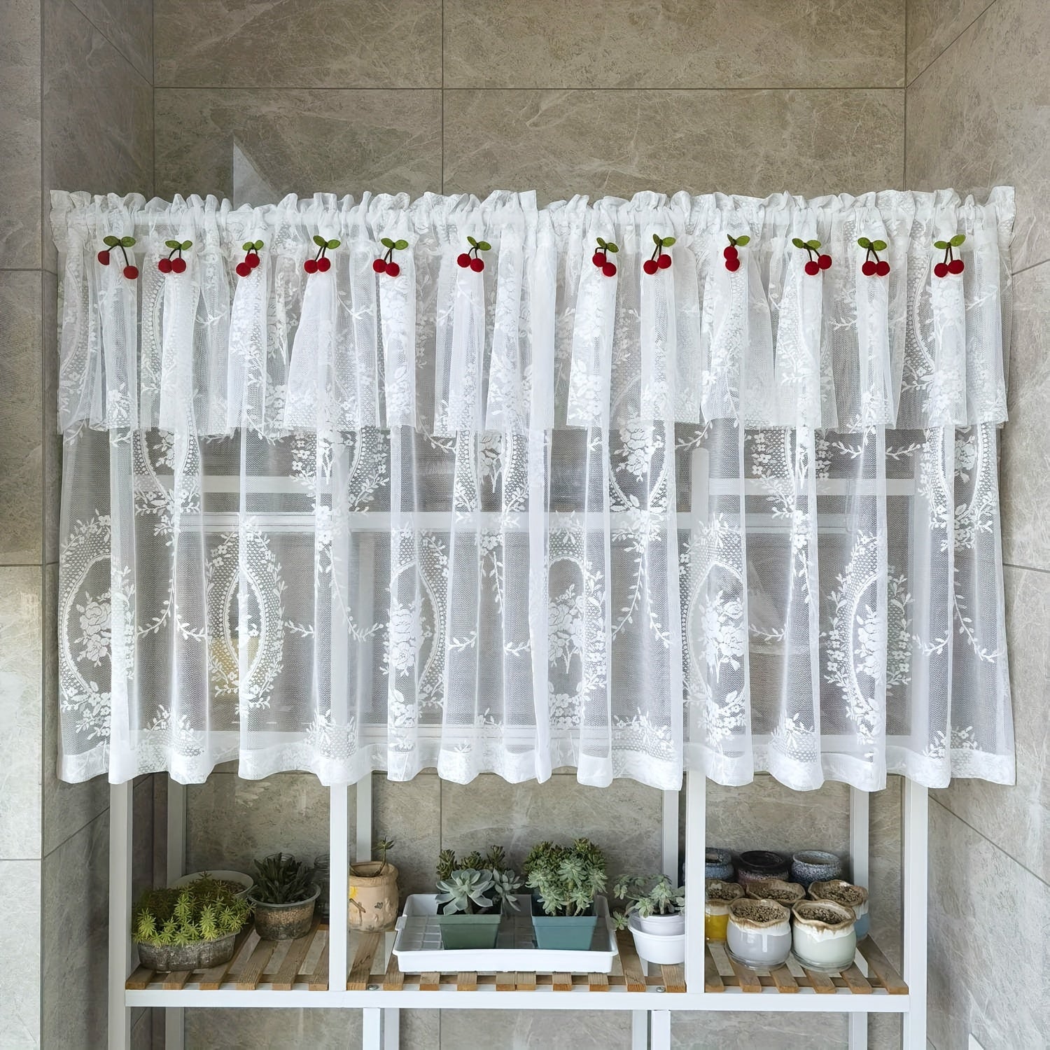 White Lace Embroidered Short Valance Curtain with Cherry Accents Sheer Voile Kitchen Window Screen
