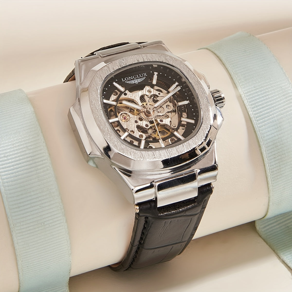 Men's Mechanical Watch Square Dial Waterproof Faux Leather Strap 4.1cm