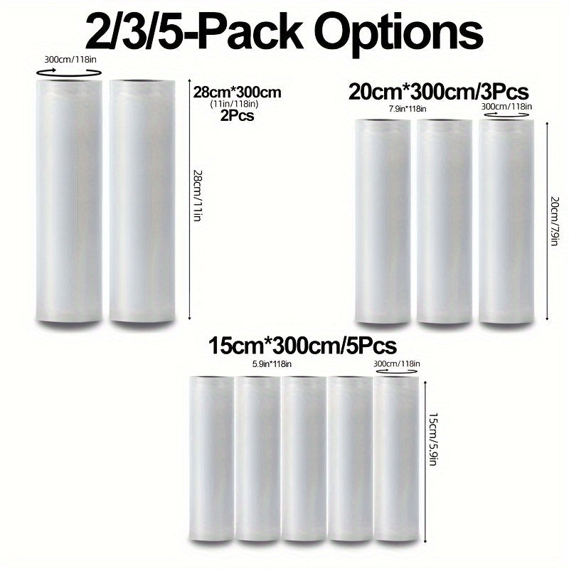 Vakuum yopish uchun sumka rulolari 2, 3, 5 ta paketda, turli o'lchamdagi, oziq-ovqatni saqlash uchun teksturali