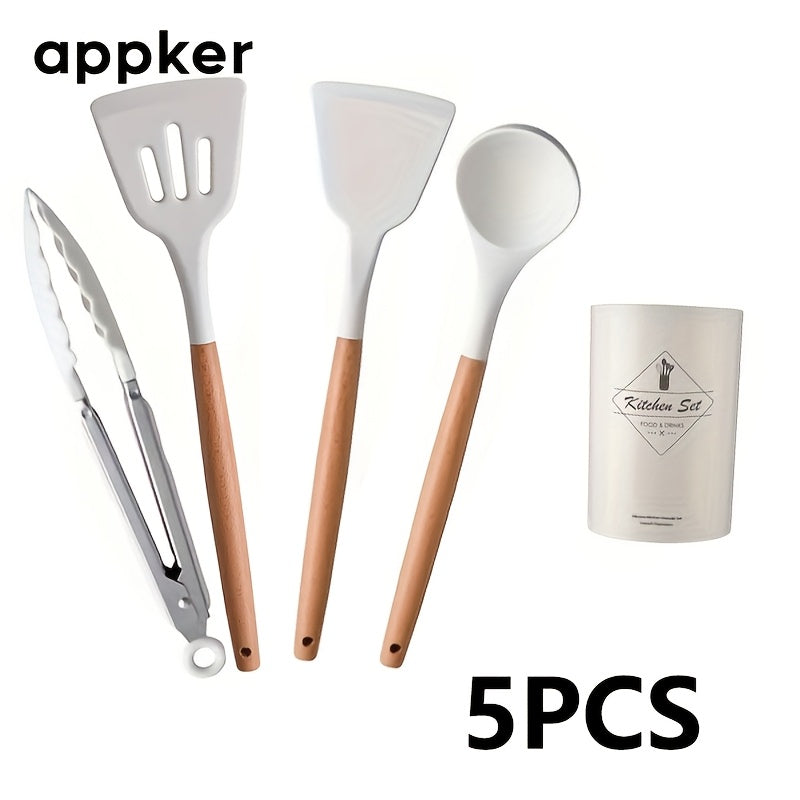 12-Piece Non-Stick Silicone Kitchen Utensil Set with Wooden Handles Heat-Resistant Durable Safe for Cooking and Baking