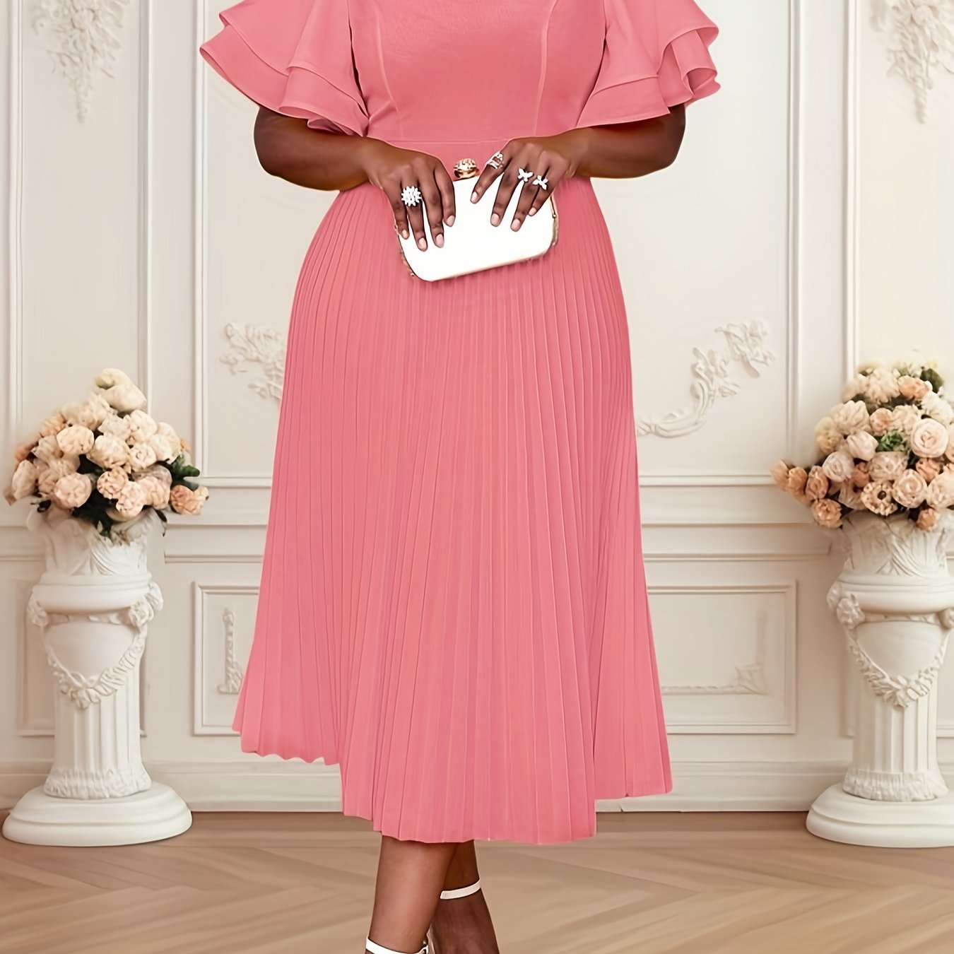 Women's Flare Sleeve Pleated Party Dress Solid Color A-Line Midi