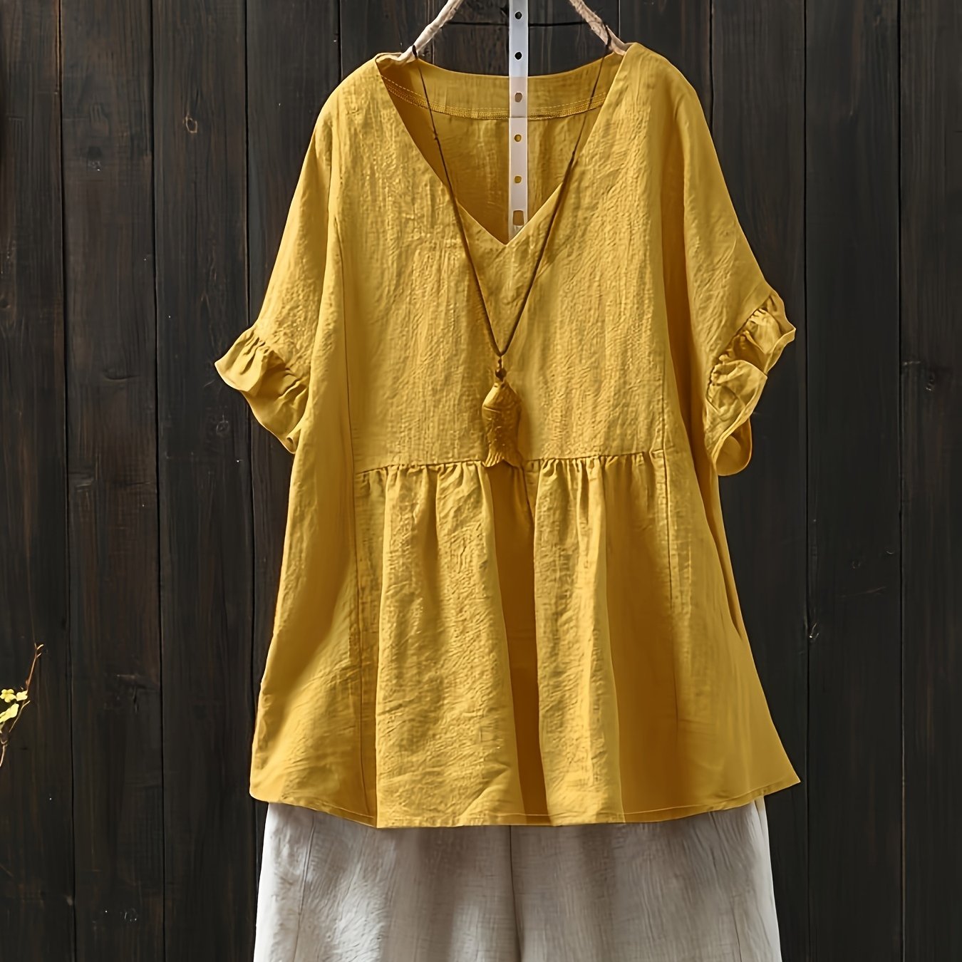 Plus Size Women's Yellow V-Neck Blouse Ruffled Sleeves Tie Waist Casual