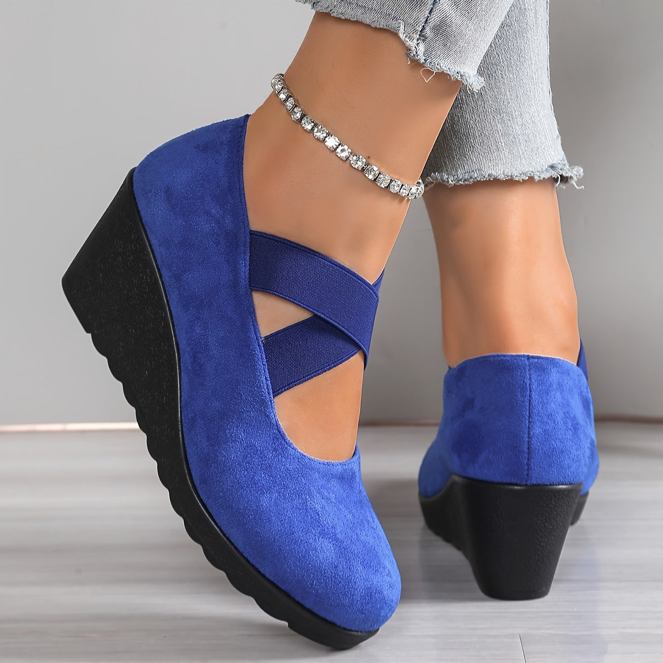 Women Slip-On Wedge Shoes Black Breathable Fabric All-Season Comfort