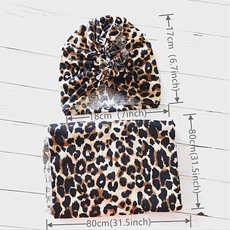 Leopard Print Baby Hat and Bag Towel Set for Infants 0-6 Months