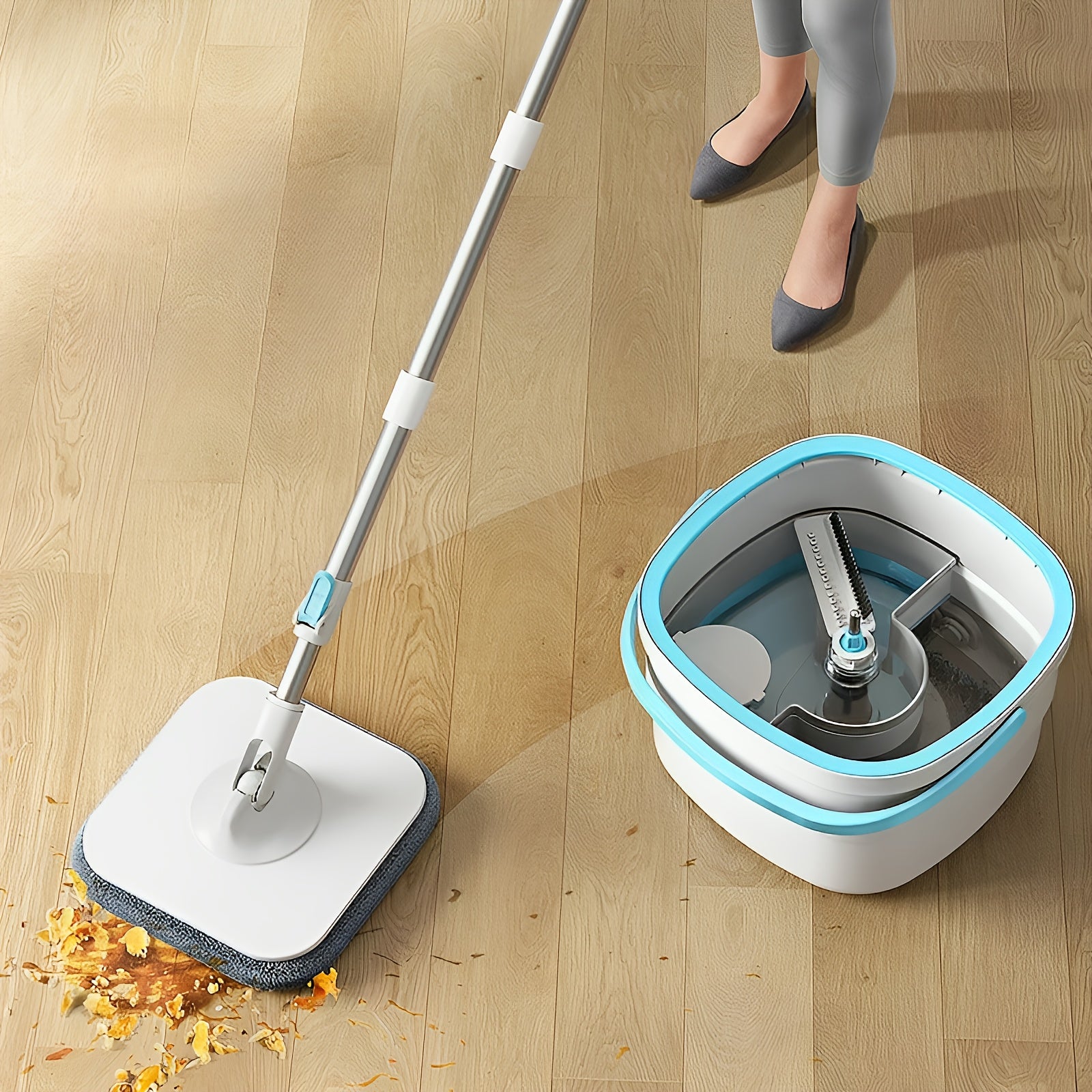 Hands-Free Floor Mop and Bucket Set for Dry Wet Cleaning, Rotating Dust Removal