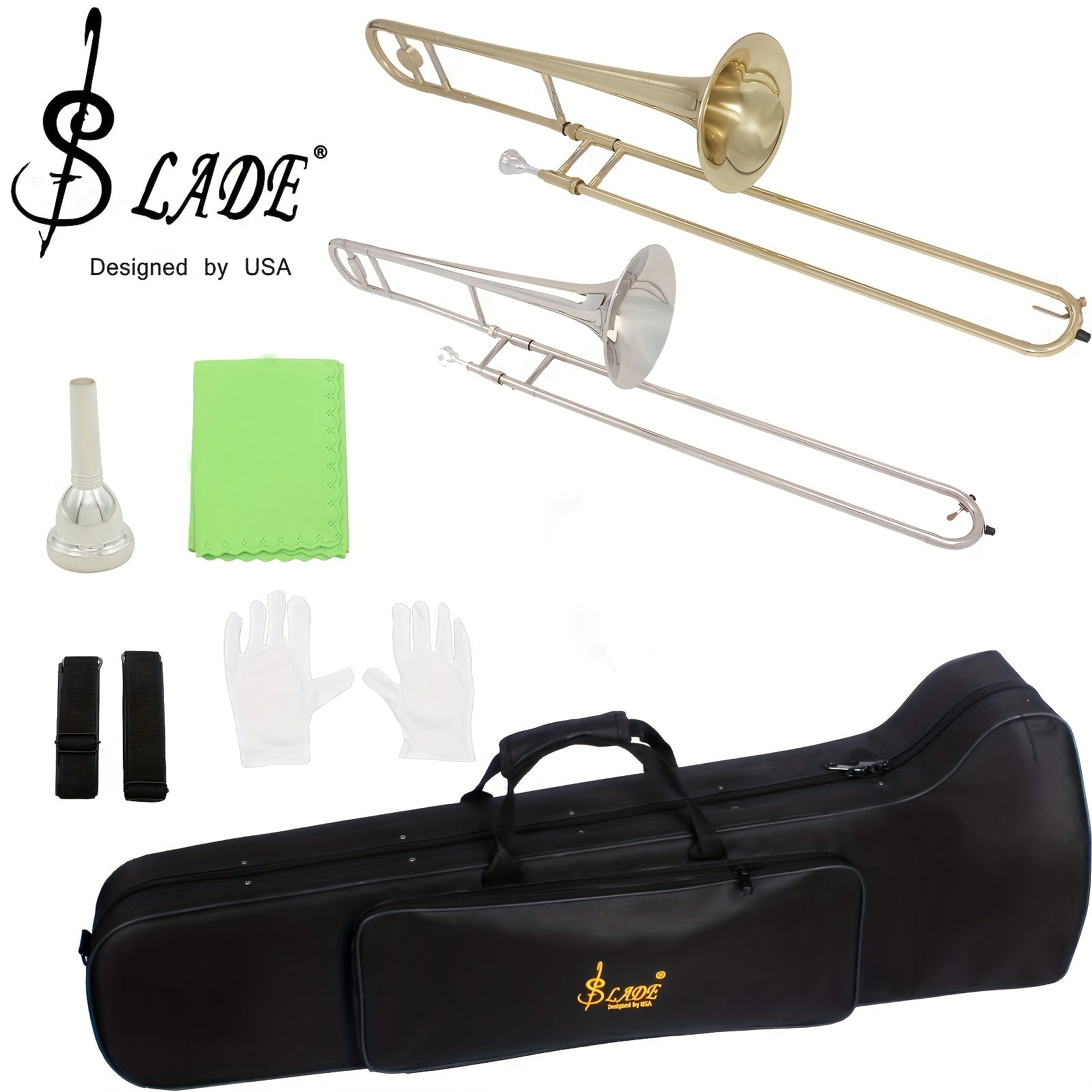 SLADE Классический латунный тромбон - Bb, золотисто-серебристая отделка с защитным чехлом, идеален для начинающих и ансамблей