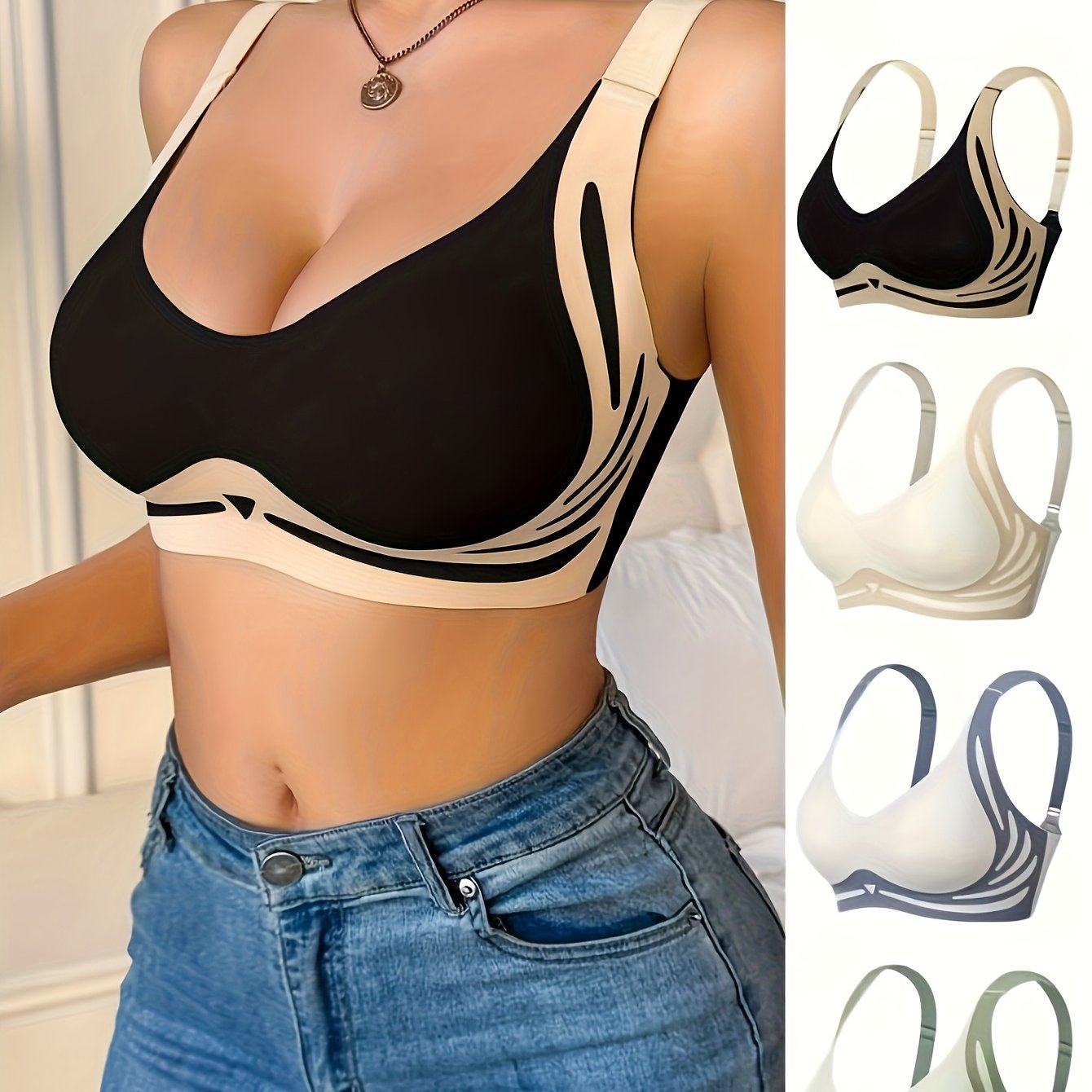 Women's Plus Size Sports Bra Set Uplifting Support V-Neck Stretchy Fabric
