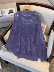 Женский свитер большого размера с длинными рукавами и вырезами в виде сердечек, дышащий повседневный топ