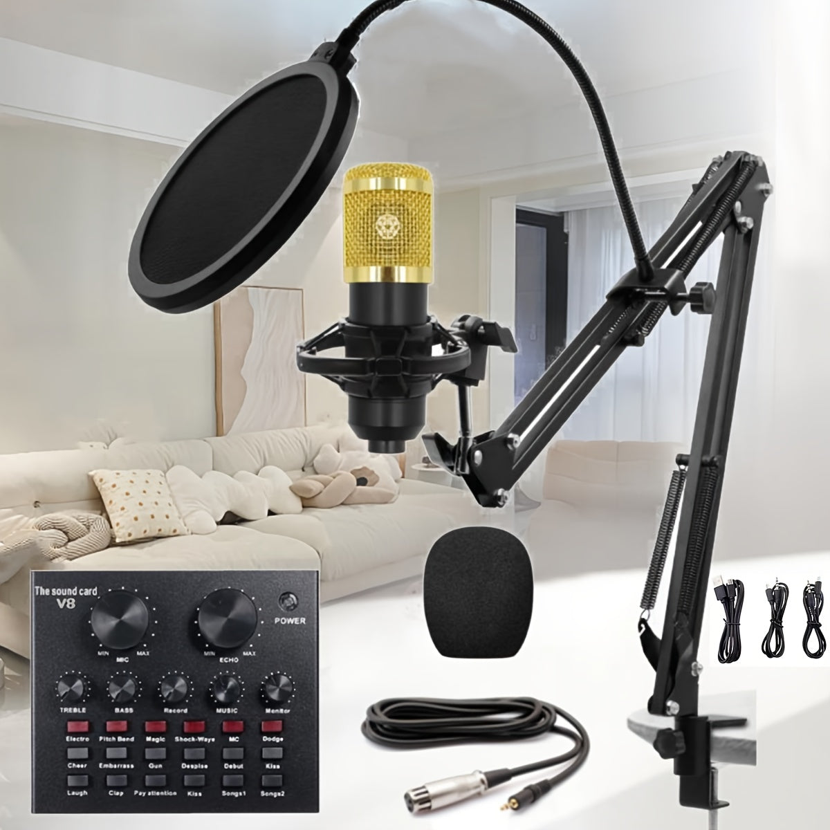 Black Condenser Studio Microphone Kit for Mobile Phones and Laptops with Suspension Arm and Pop Filter