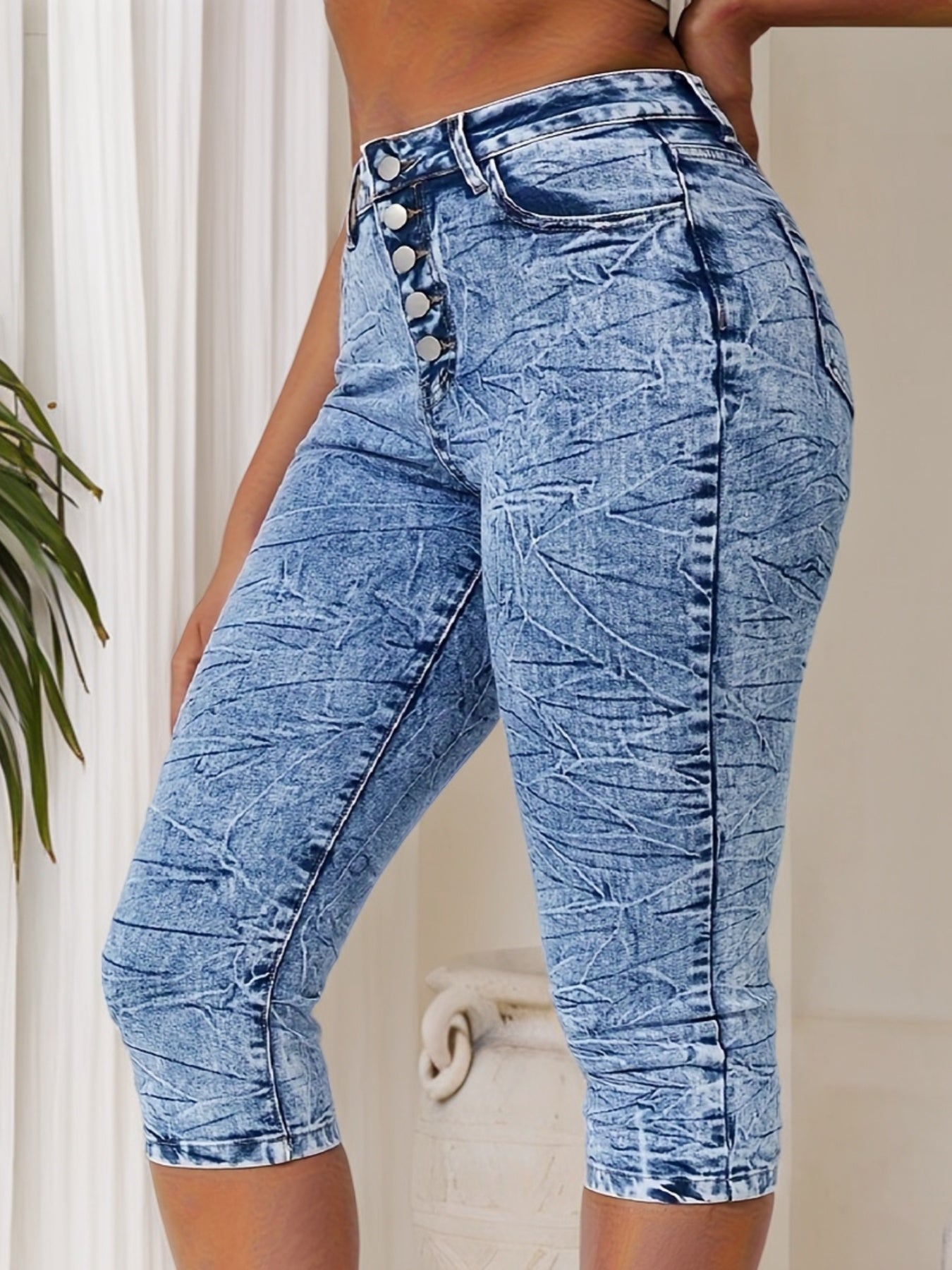 Women's Plus Size Tie-Dye High-Waist Denim Cropped Pants