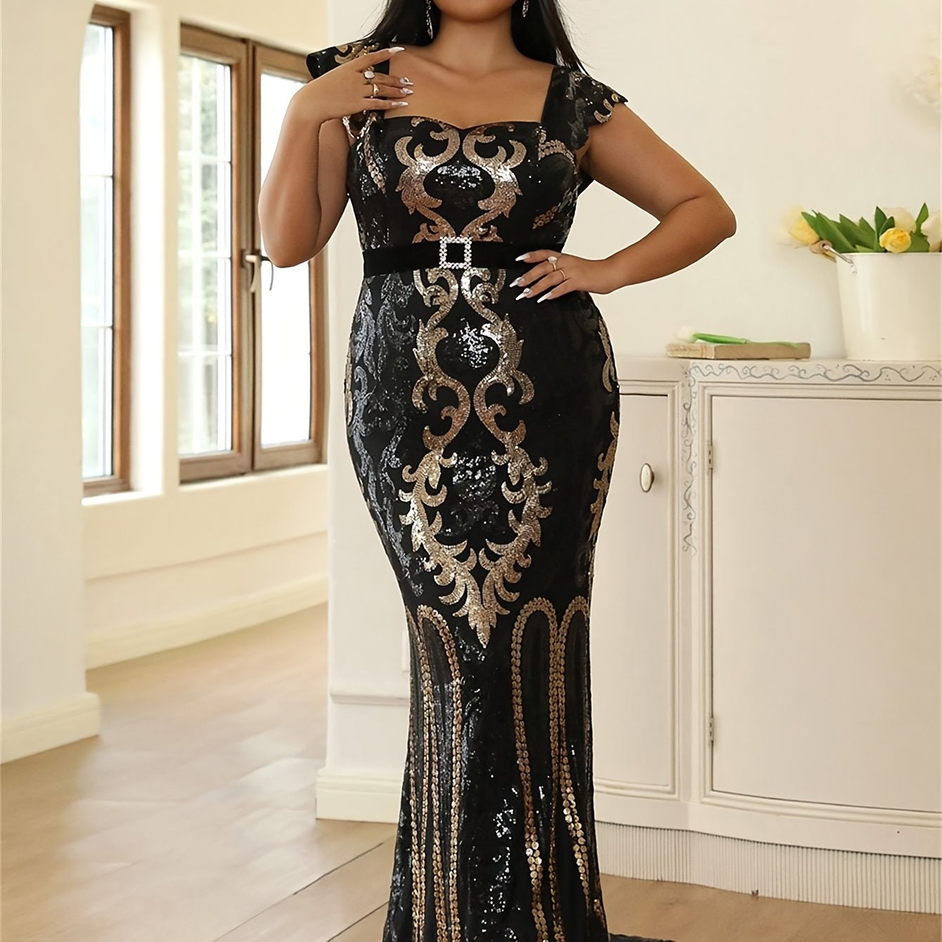 Women's Black Sequin Strapless Bodycon Dress High-Low Hem Formal Evening Gown