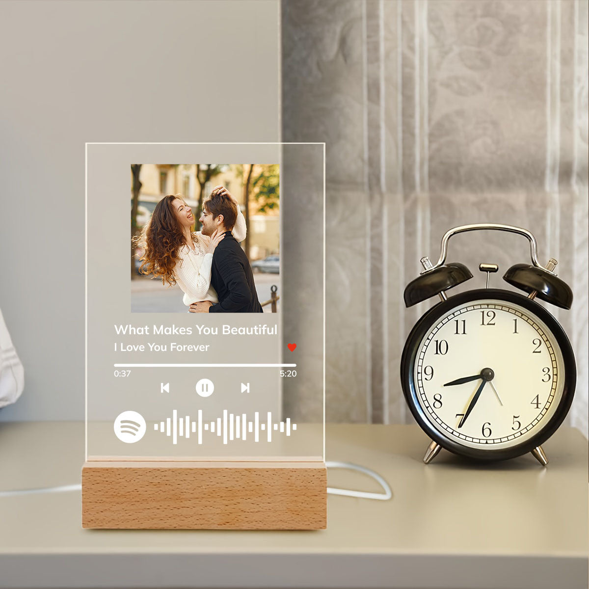 Custom Acrylic Night Light with Photo and Song Frame on USB-Powered Wooden Base