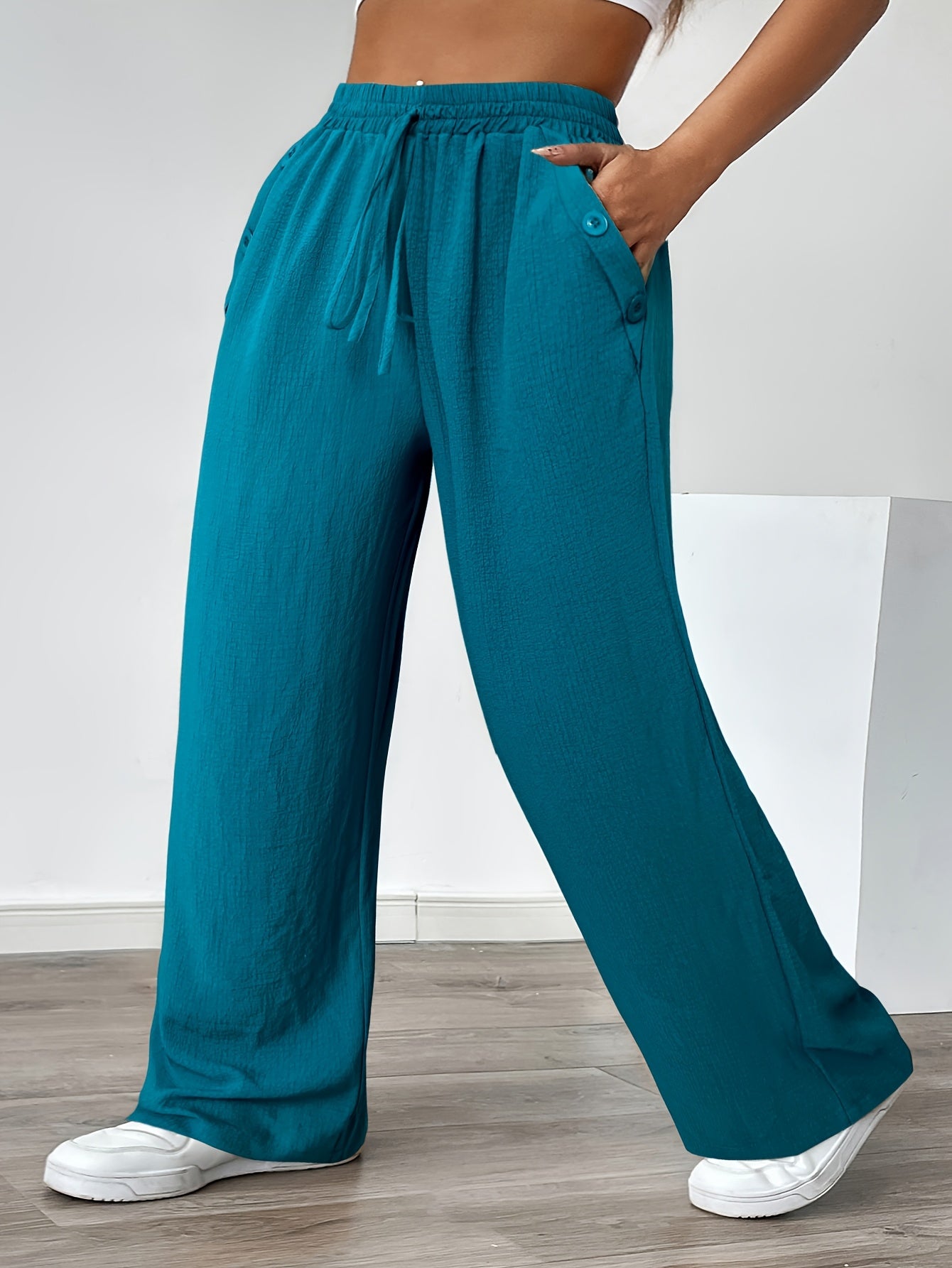 Women's Plus Size Casual Straight Pants with Lace-Up Detail, Solid Color