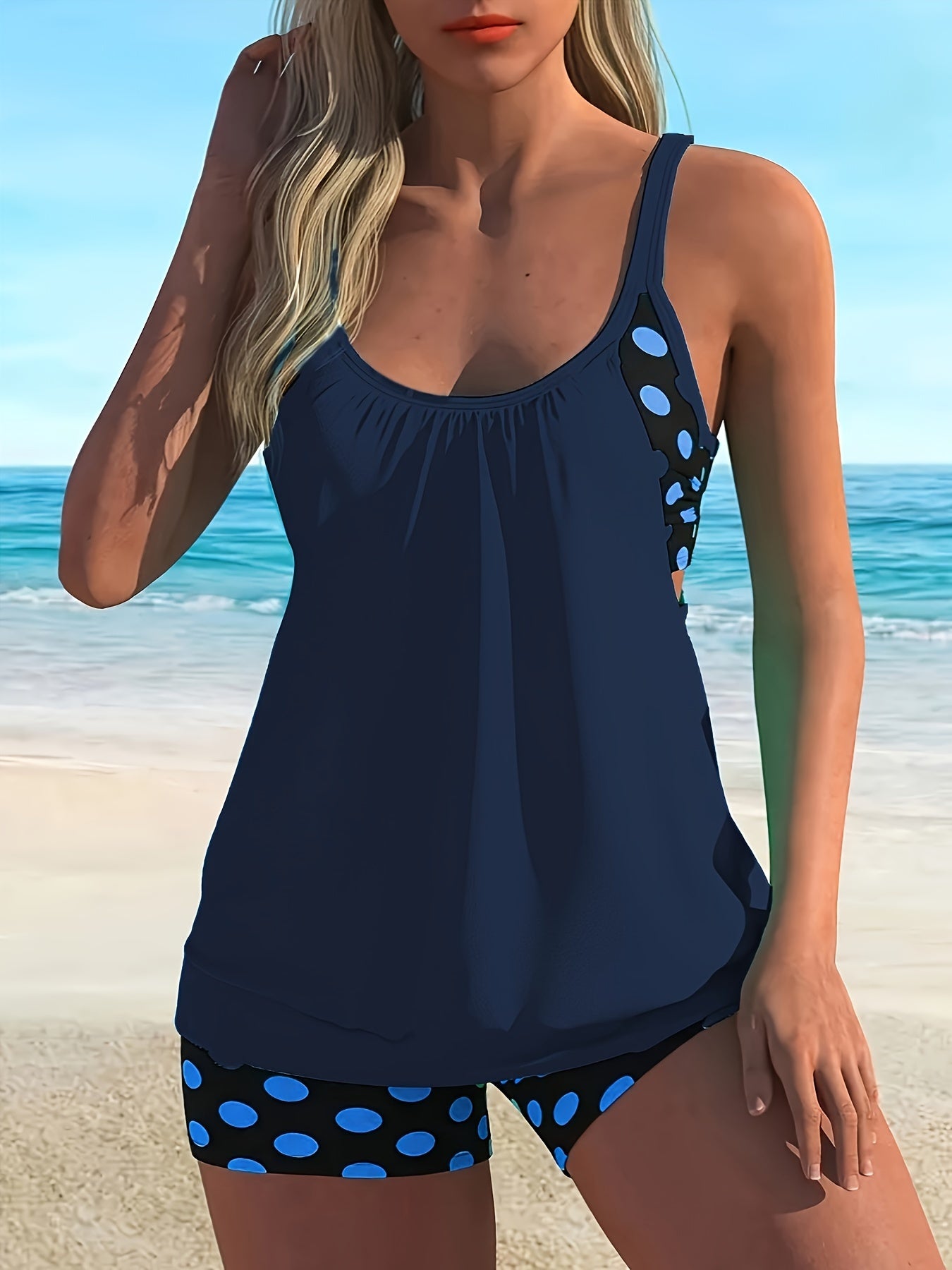Women's Navy Blue Tankini Swimsuit with Split Skirt and Polka Dot Pattern