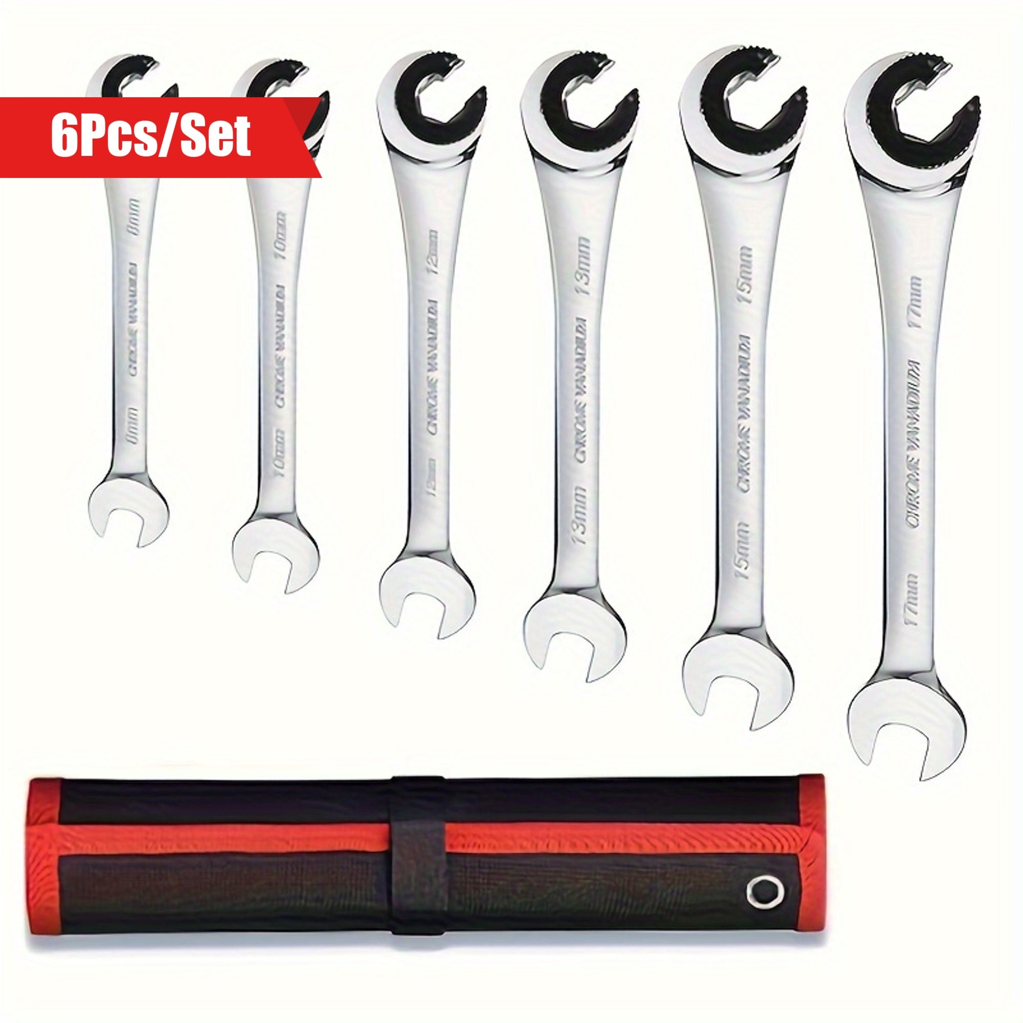 6-Piece Fixed Head Tubing Ratchet Wrench Set Open End Automotive Hand Tools