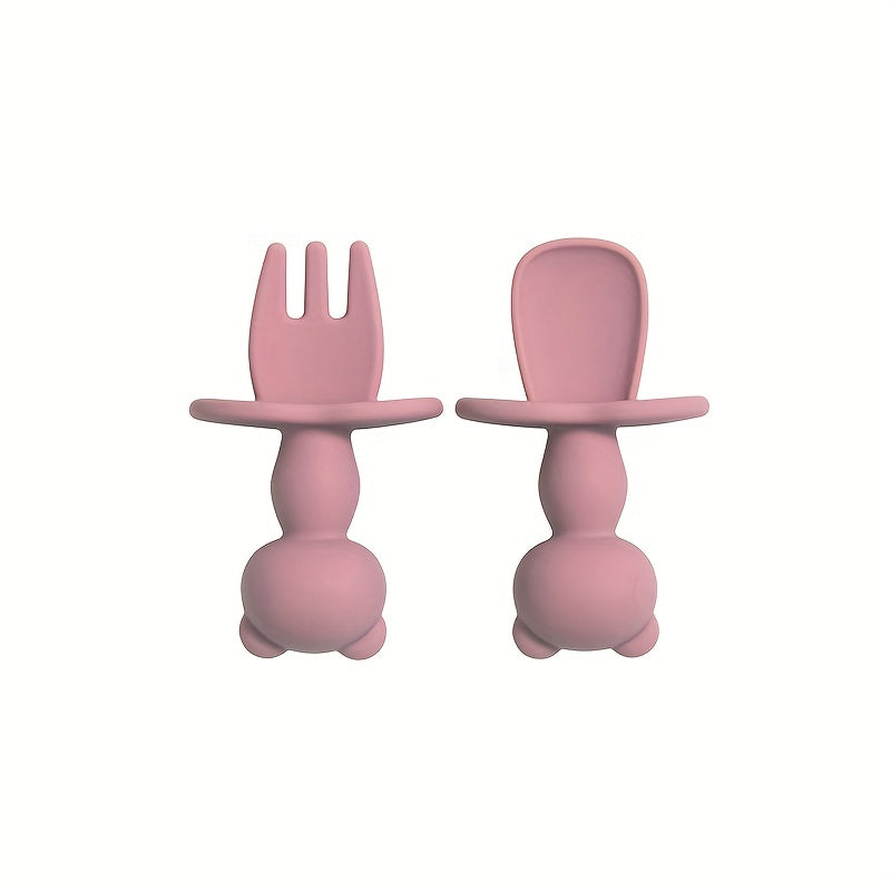 Juego de alimentación para bebé de 2 piezas, tenedor y cuchara de silicona Panda, suave, libre de BPA, vajilla para niños pequeños