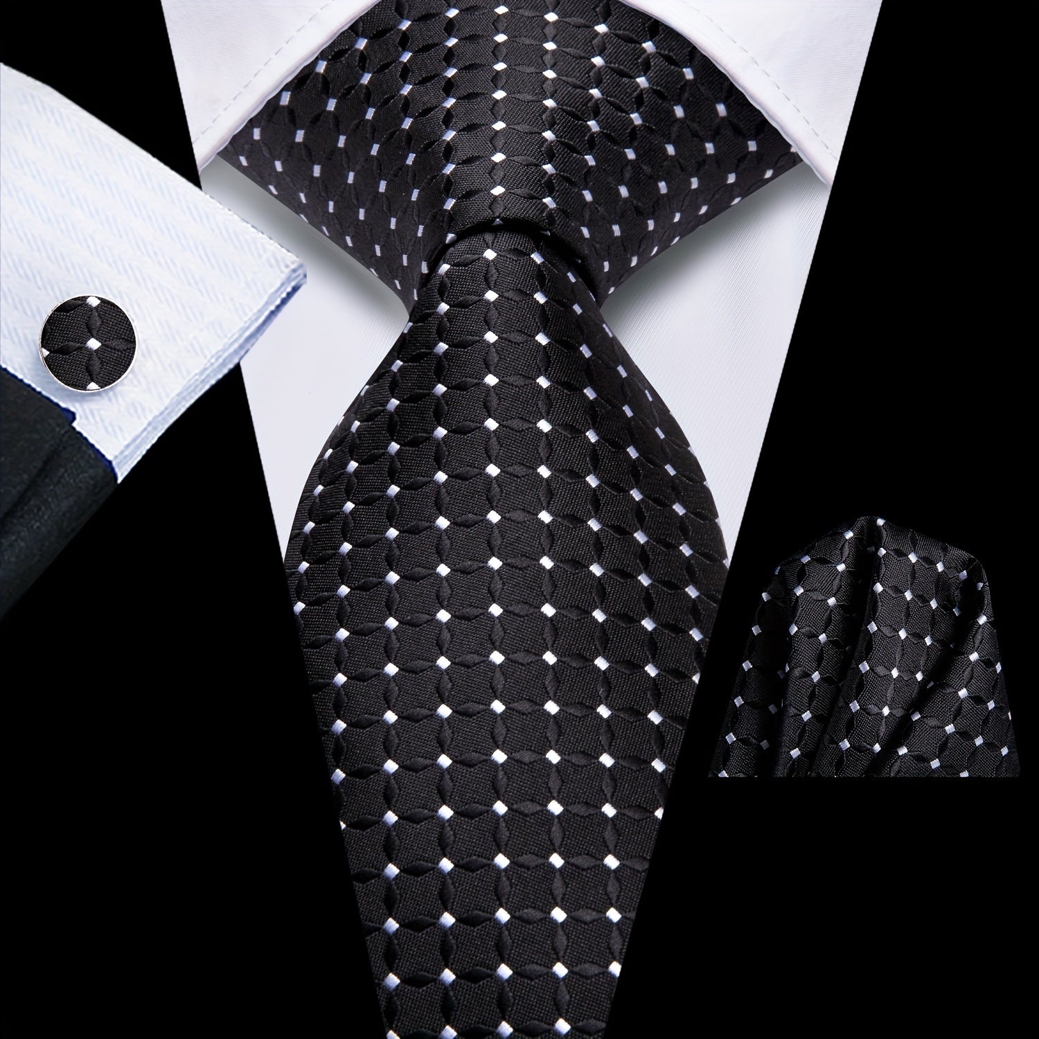 Men's Jacquard Woven Black Tie Set with Cufflinks and Hanky for Weddings and Business