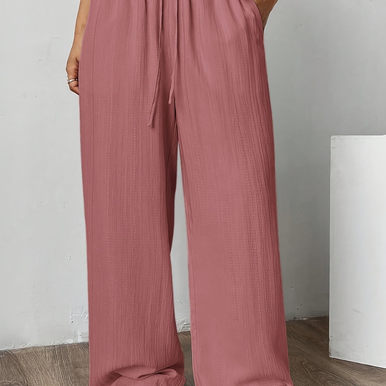 Plus Size Women's Casual Pants Polyester Pink Drawstring Straight Leg