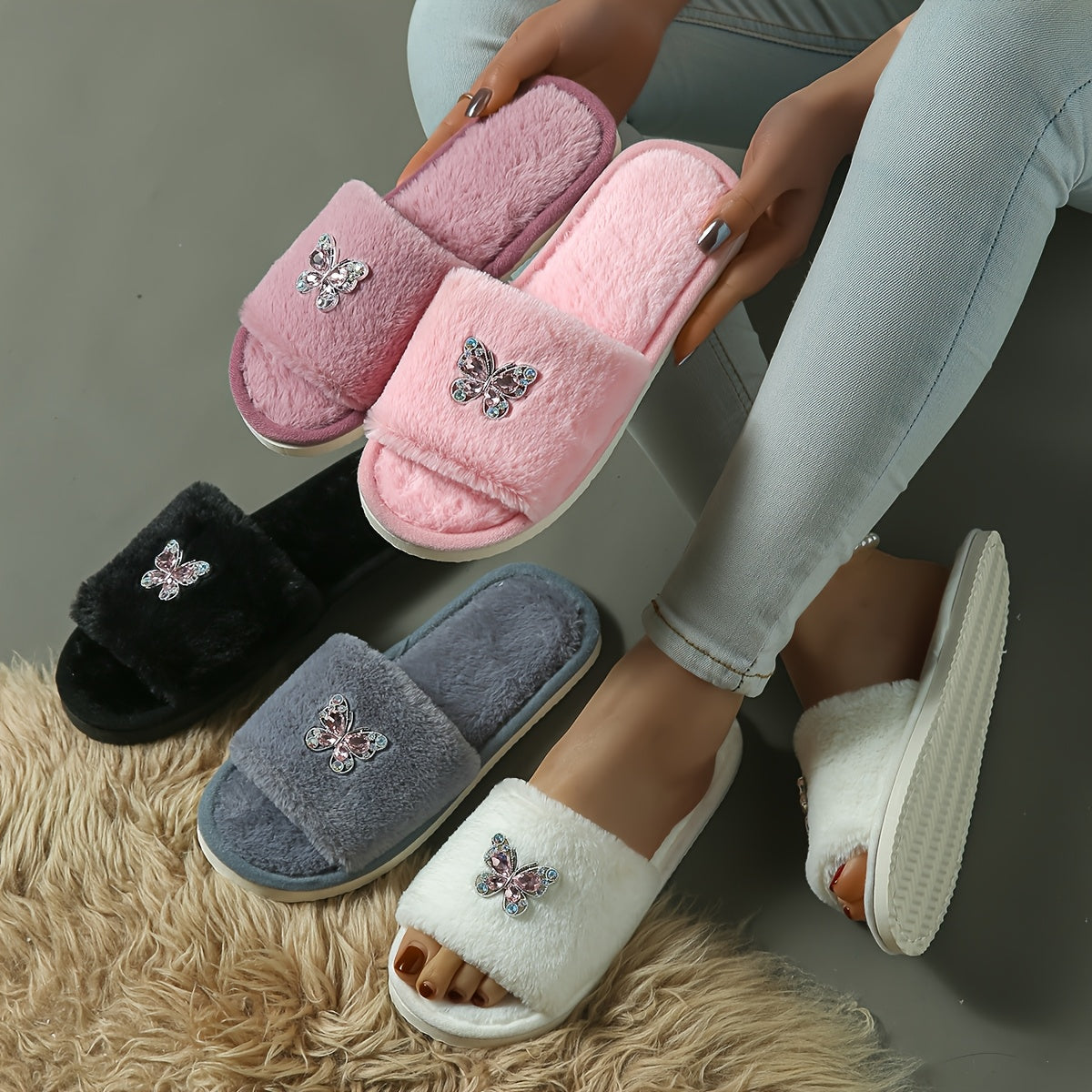 Women Slip-On Slippers with Crystal Butterfly Decoration, All-Season Comfort