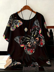 Plus Size Floral Butterfly Print T-Shirt Crew Neck Short Sleeve Polyester