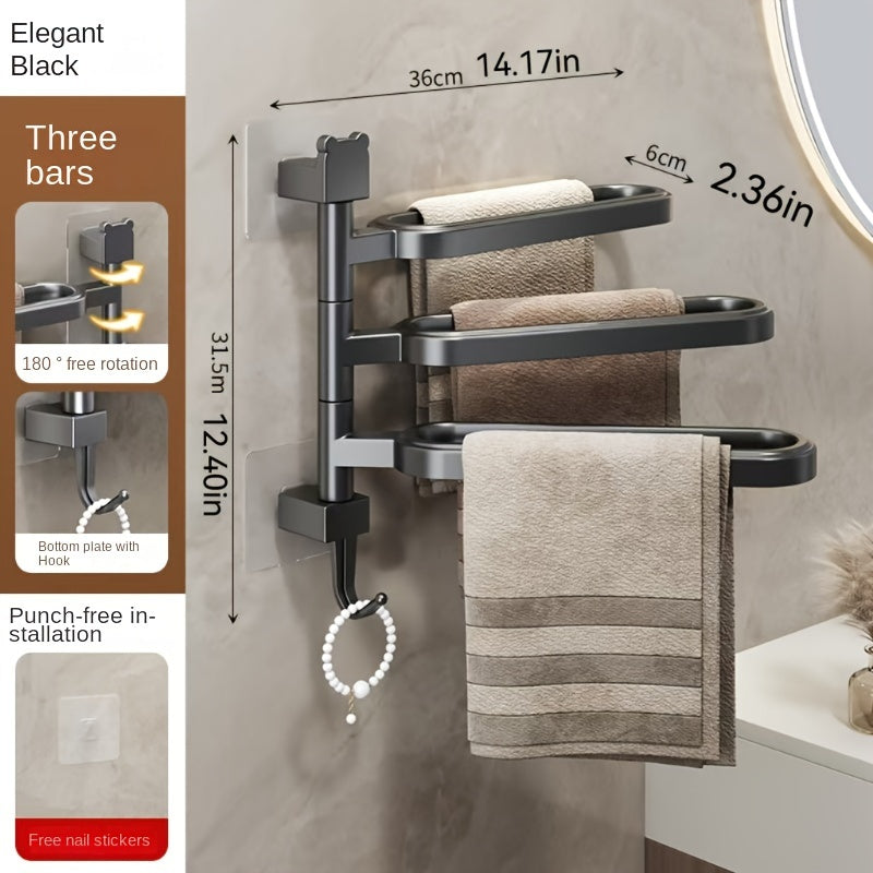 3-Bar Rotating Wall Mounted Towel Rack No-Drill Waterproof Rustproof ABS Plastic Modern Bathroom Storage