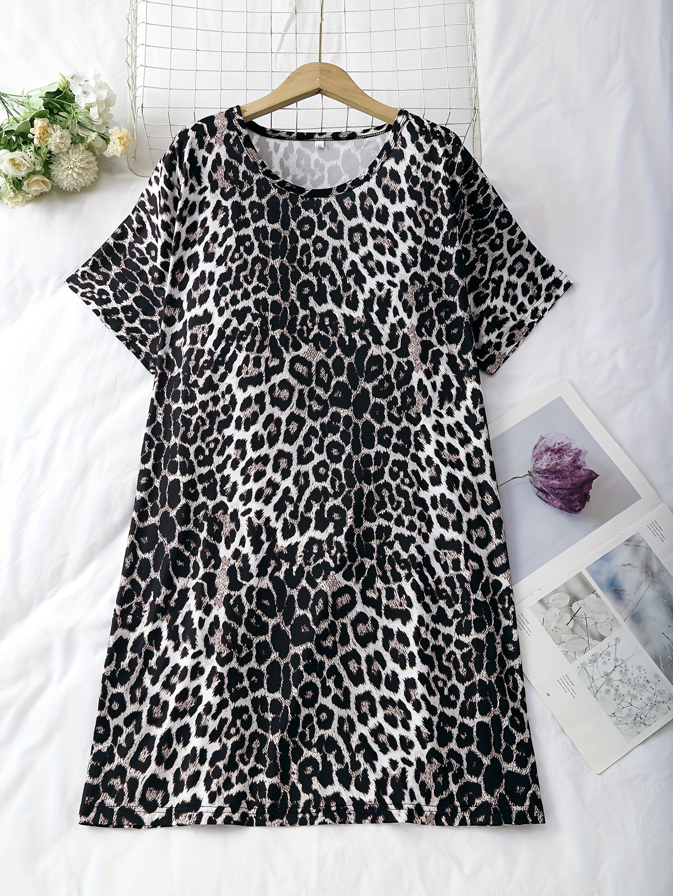 Women Leopard Print Short Sleeve Dresses Polyester Elastane Nightwear
