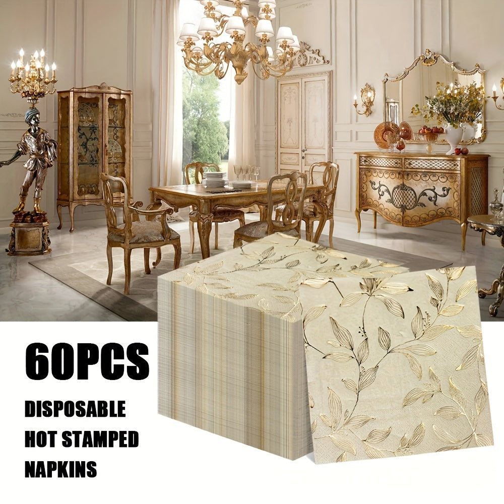 Pack of 60 Gold Leaf Pattern Square Paper Napkins 2-Ply Disposable 33cm
