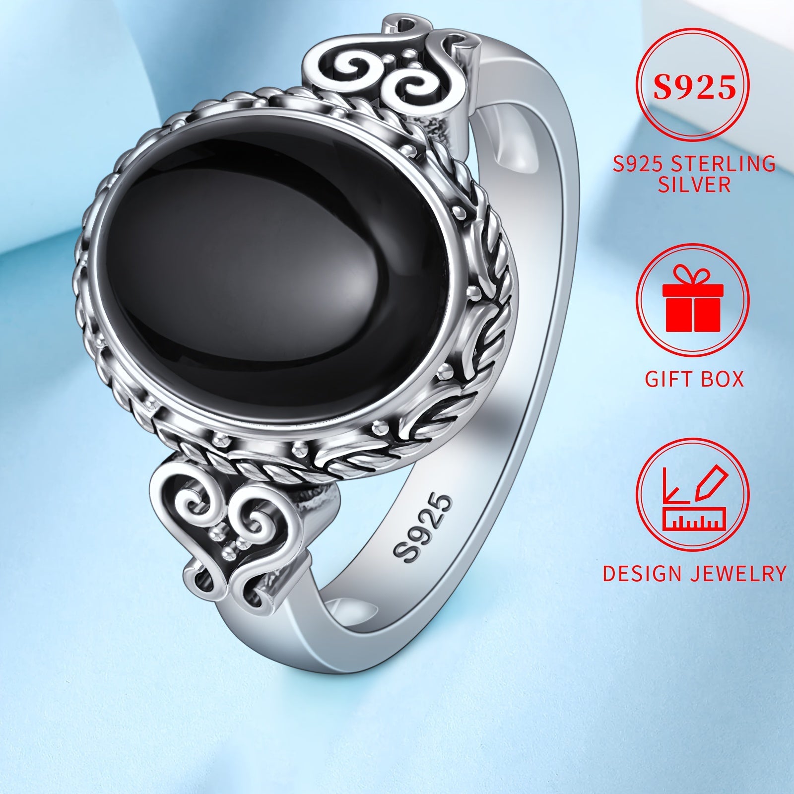 Ayollar uchun Sterling Silver uzuk qora Agate yurak o'simliklari Viktoriya uslubi hypoallergen