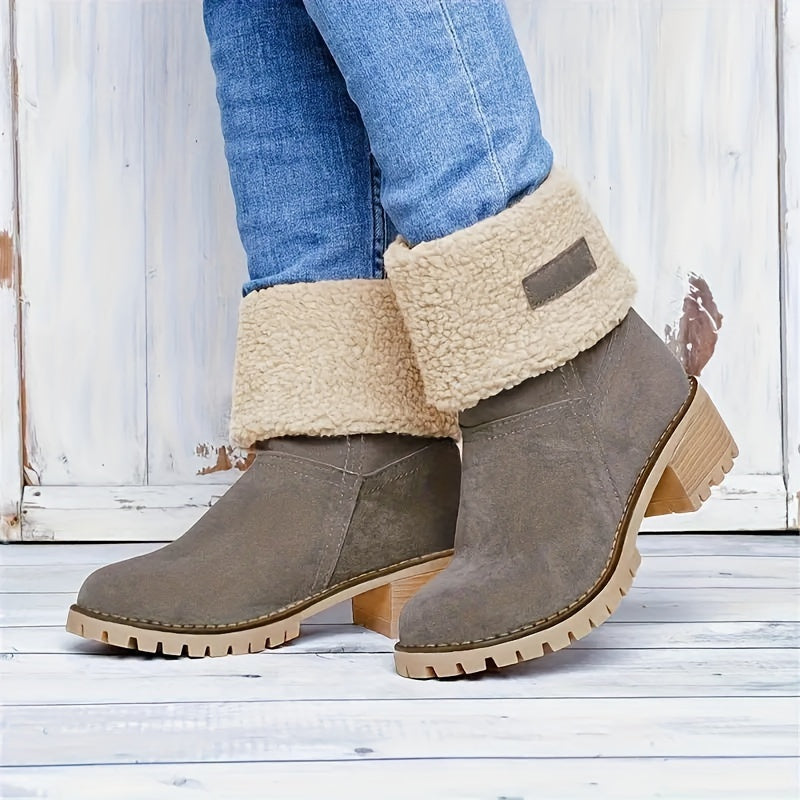 Women's Winter Ankle Boots Fleece-Lined Mid-Calf Slip-On | Warm Fabric, Rubber Sole