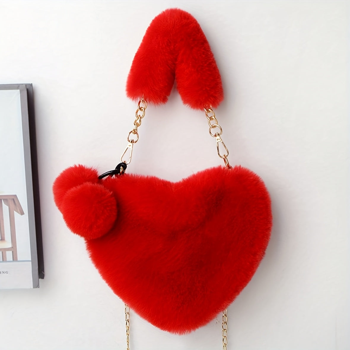 Elegant Heart-Shaped Plush Shoulder Bag with Zipper and Detachable Strap for Valentine's Day in Black White Red Khaki