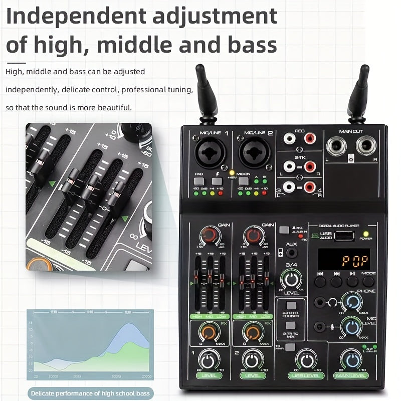 UHF mikrofon tizimi bilan 4-kanalli audio mikser, USB bilan quvvatlanadigan alloy qora, sahna, karaoke, jonli chiqishlar uchun