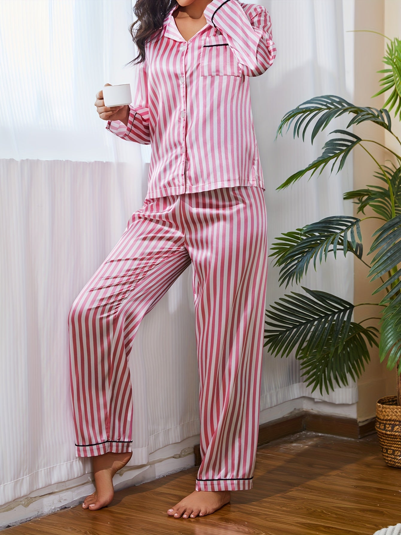 Women's Satin Striped Pajama Set with Button-Up Top and Long Pants