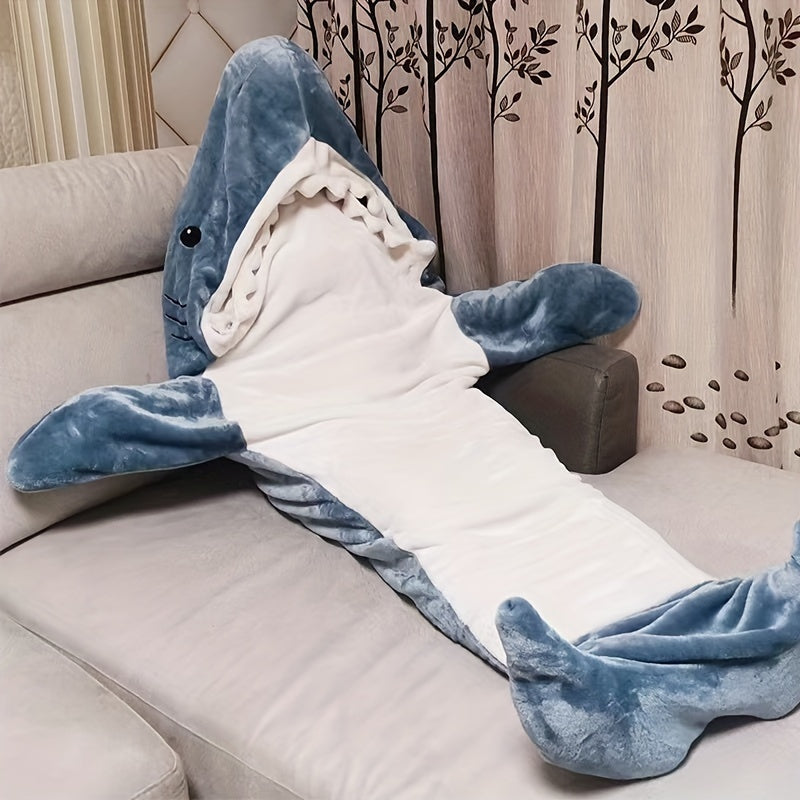 Shark-Shaped Plush Fleece Sleeping Bag for Kids Warm Cozy Blanket Gray White