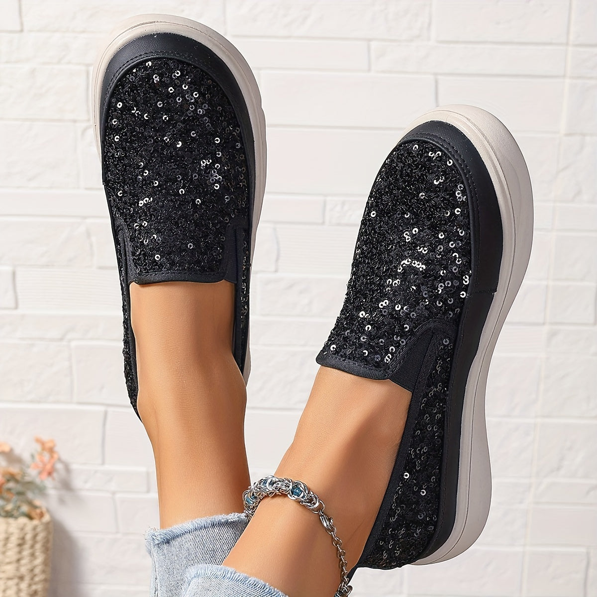Women's Sequin Embellished Loafers Black White Casual Breathable Shoes