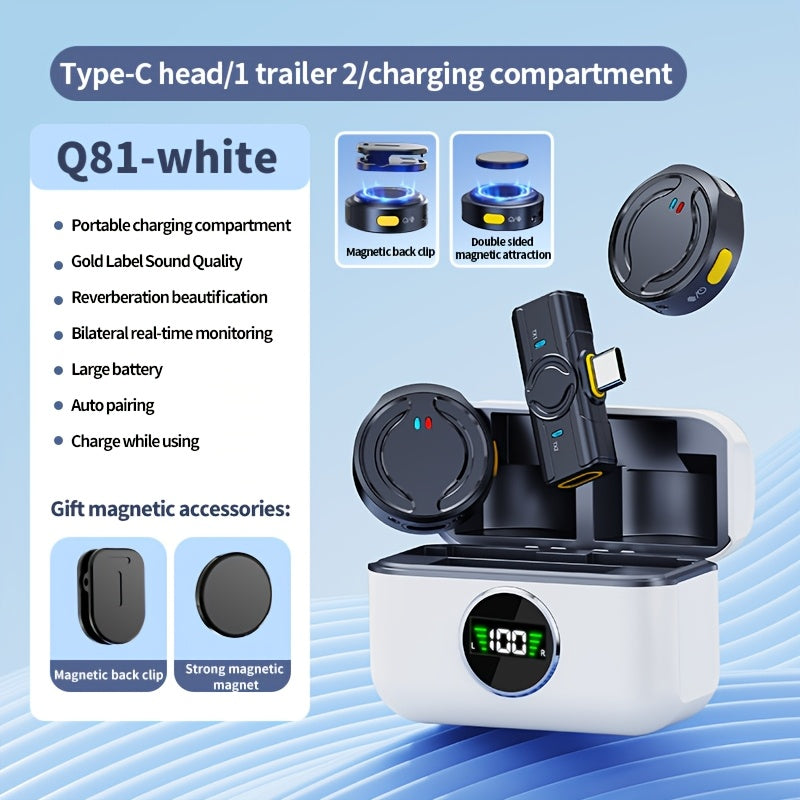 Wireless Clip-On Microphone with LED Display Noise Reduction USB-C for Video Recording Streaming