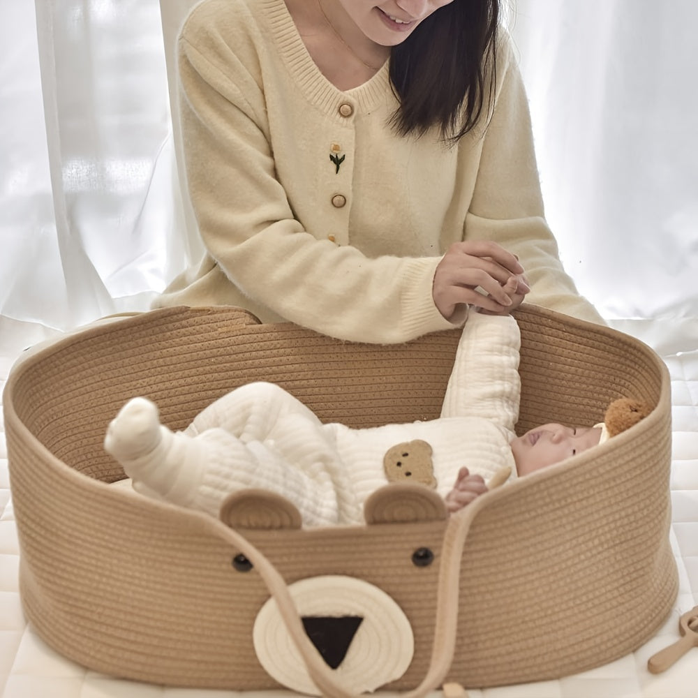Baby Crib with Bear Design and Foldable Fabric Cradle with Storage Basket for Newborns to 3 Years