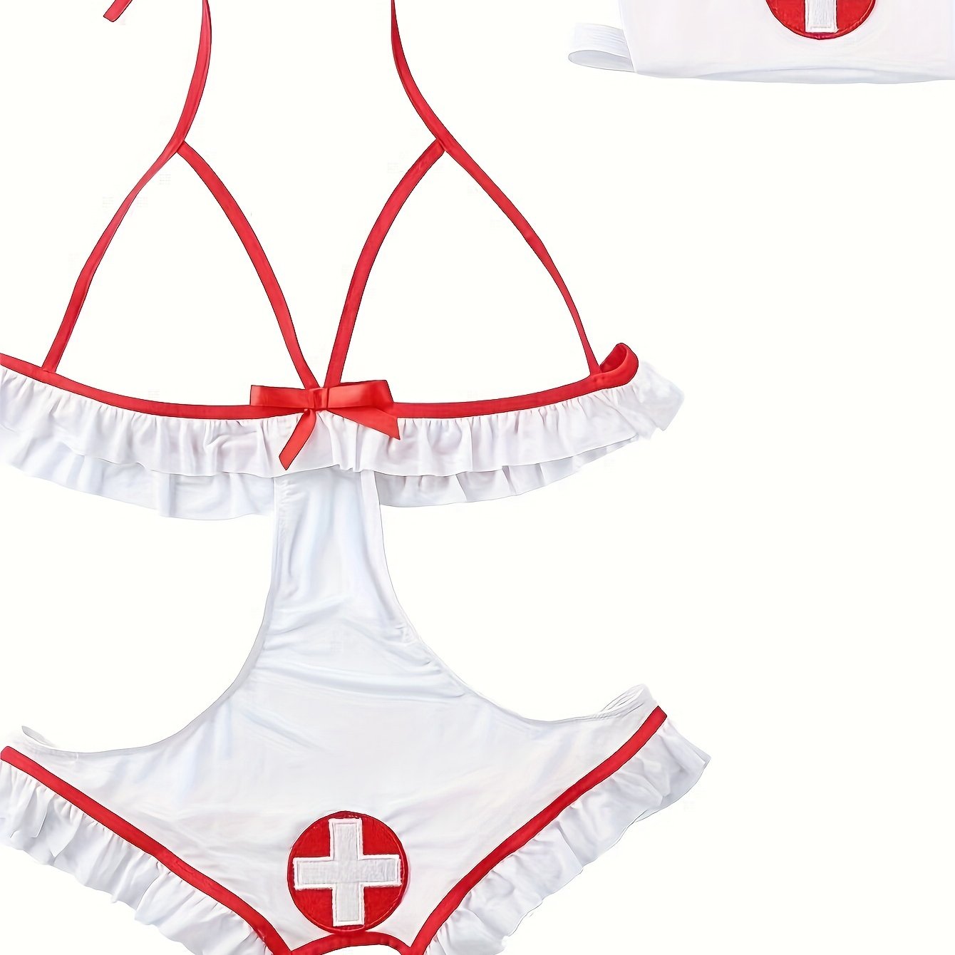 Plus Size Nurse Costume Open Bust Ruffle Trim Sheer Crotchless Lingerie