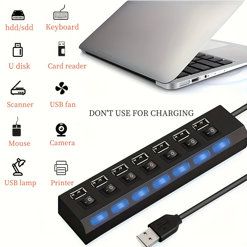 Concentrador USB 2.0 de 4 puertos con interruptores de encendido/apagado para conectividad con múltiples dispositivos