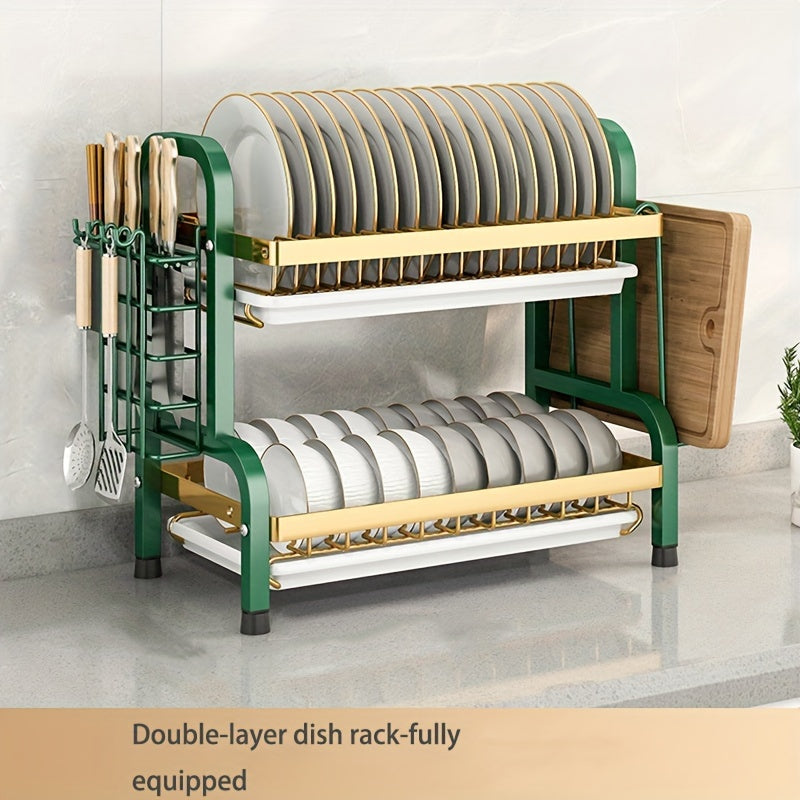 Organizador de cocina de acero inoxidable, estante para platos de 2 niveles con sistema de drenaje